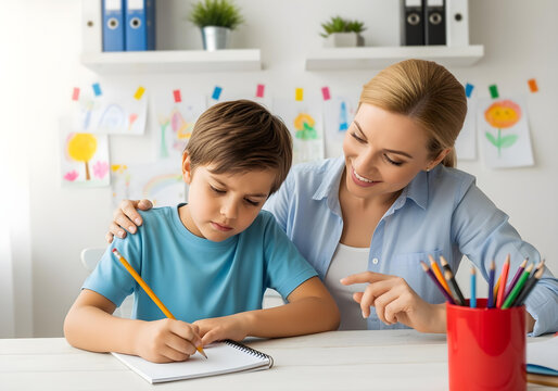 Autistic child boy in educational therapy writing with therapist support for fine motor skills handwriting and autism spectrum inclusion awareness in learning environment - Powered by Adobe