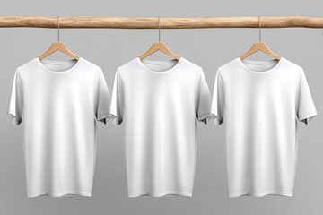 Three white t-shirts hang on a light brown wooden rod