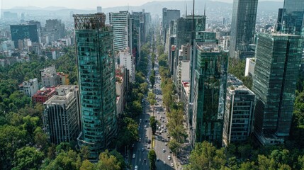 Obraz premium An aerial view showcases a cluster of towering structures amidst lush greenery, highlighting the juxtaposition of nature and modern architectural designs, creating an urban landscape.