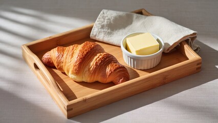 A fresh, flaky croissant and a small bowl of butter on a wooden serving tray. The scene is bright and simple, with beautiful shadows from the morning light, creating a rustic and cozy breakfast feel.