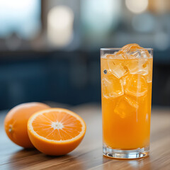 Fresh Orange Juice with Ice in Glass and Whole Oranges on Wooden Table