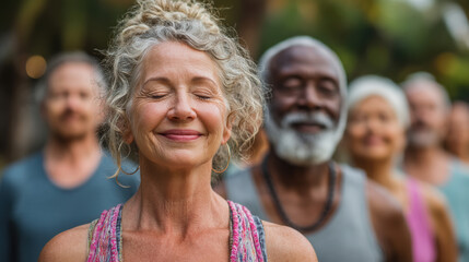Beautiful senior outdoor wellness scene featuring happy elderly people practicing meditation and relaxation in natural environment promoting health happiness and positive aging
