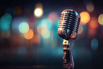 Retro microphone on stage with city lights bokeh