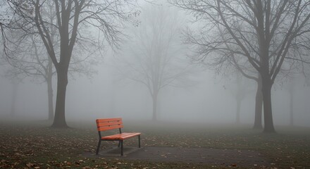 Foggy park bench sits amidst bare trees in a misty landscape