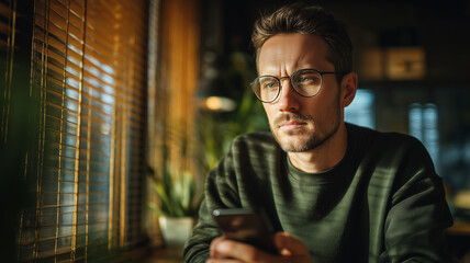 Focused Man Wearing Glasses Working Indoors Looking on Smartphone in Warm Lighting
