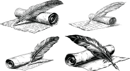 Feather, Scroll, and Letter Set EPS