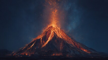 Fototapeta premium A stunning eruption of a volcano, with glowing lava and ash illuminated against a dark night sky.