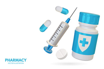 Pharmacy poster, banner with 3d Realistic Pharmaceutical Bottle, Syringe and capsule pill tablet. Advertising for hospital or pharmaceutical company. Sign for pharmacy. Vector illustration