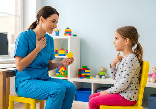 Neurodivergent kid girl in speech therapy imitating therapist gestures for articulation and pronunciation skills to enhance communication and autism spectrum inclusion awareness
