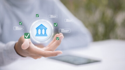 Hand Presenting Virtual Digital Banking Icon With Check Marks