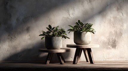 Artistic Scene of Artisanal Potted Plants on Distinctly Crafted Tables Radiating Tranquility and Geometric Harmony