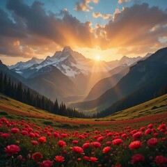 Fototapeta premium Sunrise Over Red Wildflower Valley