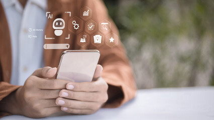 Man Using Smartphone with AI Chatbot and Data Analytics Icons