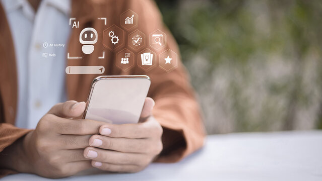 Man Using Smartphone with AI Chatbot and Data Analytics Icons