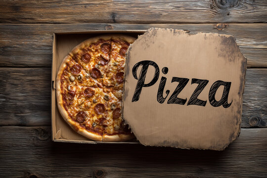Freshly baked pizza in a takeout box placed on a rustic wooden table Generative AI