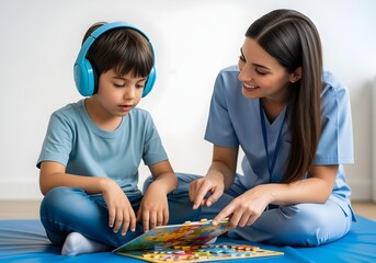 Autistic child boy wearing headphones in educational therapy with therapist using colorful puzzle for cognitive skills autism awareness and neurodiversity inclusion support