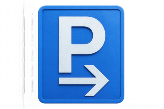 Blue parking sign with white arrow pointing to available parking spaces, on a transparent background