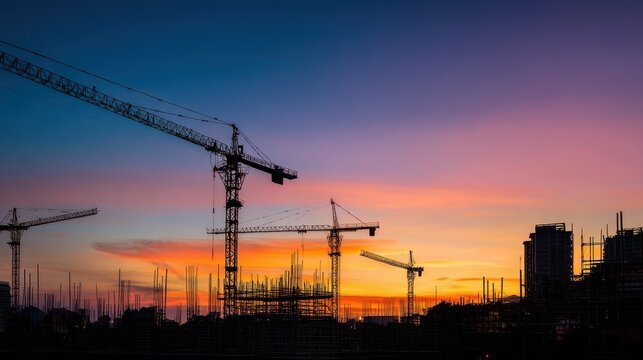 The construction cranes silhouetted against a vibrant sunset sky.