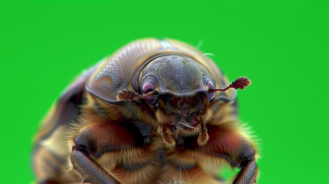 Macro Close-up of a Detailed Beetle Against a Vibrant Green Background, Showcasing its Exoskeleton, Eyes, and Furry Underside in High Resolution