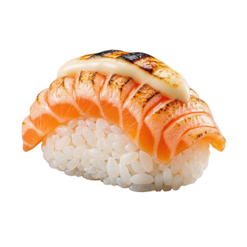 hyper-detailed macro of a single gourmet aburi sake nigiri, flame-seared salmon, kewpie mayo, sushi rice, bite taken, on transparent background, illustrating culinary perfection