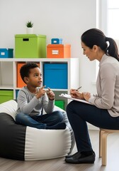 Autistic child boy in behavioral therapy communicating with therapist using gestures for social skills autism awareness and neurodiversity inclusion support