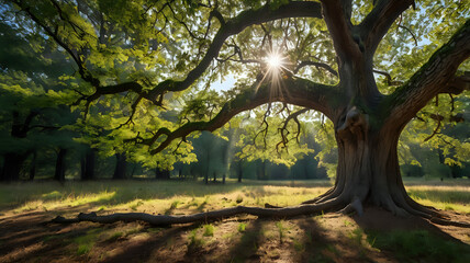 trees in the forest, Majestic large oak tree with wide-spreading branches and thick trunk in a sunlit forest