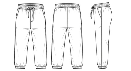 Flat lay fashion illustration of unisex sweatpants with drawstring and elastic waistband, presented in three views for design reference