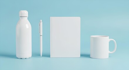Clean white stationery mockup with notebook, pen, reusable bottle, and coffee mug on a pastel blue background for brand identity presentation.
