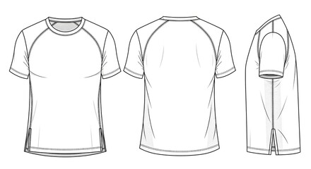 Men's raglan sleeve sport t-shirt vector template. Technical fashion flat sketch of apparel with front, back, and side view mock-up.