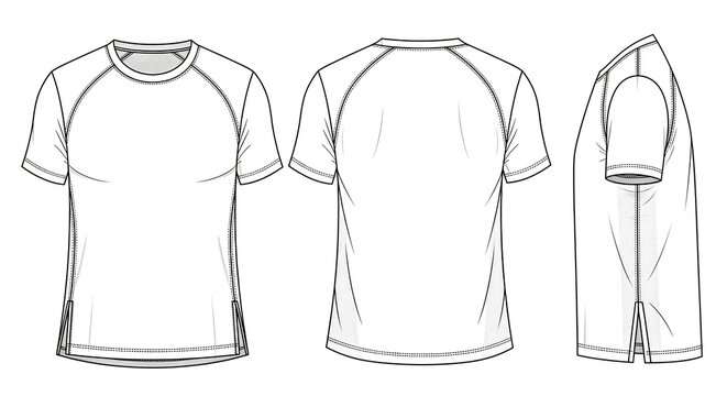 Men's raglan sleeve sport t-shirt vector template. Technical fashion flat sketch of apparel with front, back, and side view mock-up.