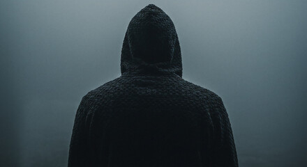 Mysterious Figure in Deep Shadow Foggy Backdrop.