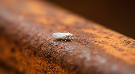Moth resting on rusted metal surface closeup