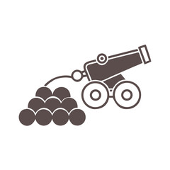 Stylized illustration of a vintage cannon with a pile of cannonballs ready for firing against a black background