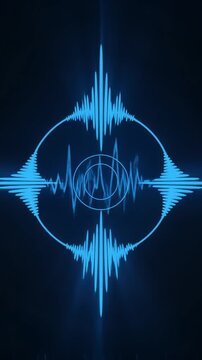 Symmetrical blue waveforms radiate from a central circular target, creating an abstract technological graphic.