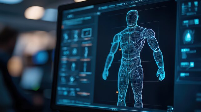 A digital display shows a 3D model of a human figure, illustrating anatomical details with a futuristic, wireframe design.