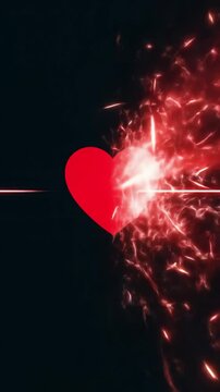 Red heart pierced by fiery energy, exploding into sparks.