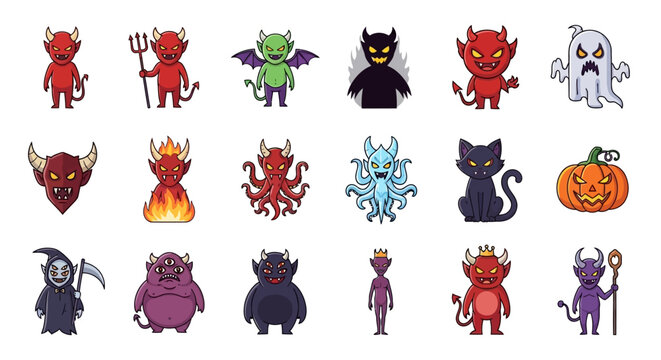 Halloween Icons Set of Diverse Cartoon Collection of Devils Monsters and Spooky Halloween Icons. Vector Illustrations. EPS Editable