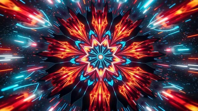 Hypnotic abstract fractal tunnel with vibrant neon orange and blue light streaks creating energetic motion