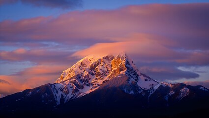 A majestic snow-capped mountain peak glows with golden sunlight during a colorful sunrise, under a dramatic cloudy sky.