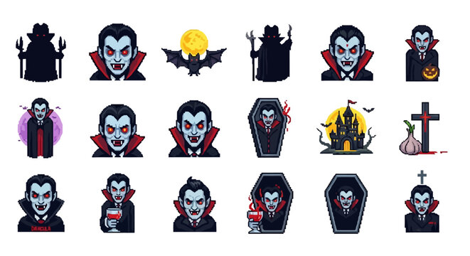 Halloween Icons Set of Draculas Lair A Retro Pixel Art Collection of Vampire and Gothic Horror Icons. Vector Illustrations. EPS Editable