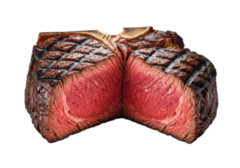 Hyperrealistic macro of a sliced Porterhouse steak, medium-rare, glistening, with seared crust and delicate marbling on a transparent background, concept of culinary perfection