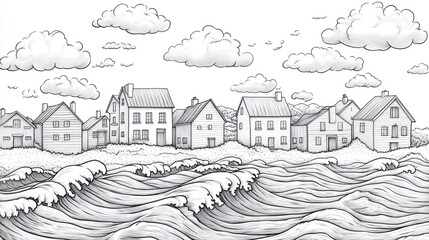 Coastal village, stormy sea, cloudy sky, illustration, home decor