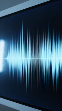 A luminous blue audio waveform or sound wave visualization glowing on a dark digital screen.