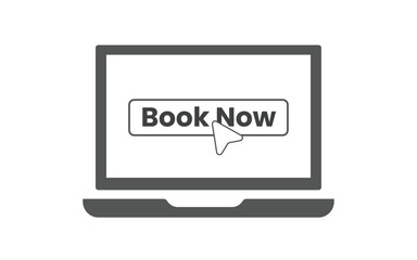 Gray and white 2D illustration of a laptop screen with a Book Now button and cursor pointer. concept of online booking, digital reservation, hotel and flight booking systems, high resolution vector