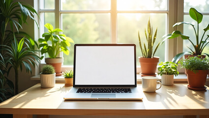A bright, minimalist workspace with a laptop, a cup, and various potted plants on a windowsill, showing a green outdoor view.