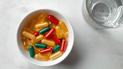Overhead Still Life Colorful Capsules in Bowl with Glass of Water Wellness