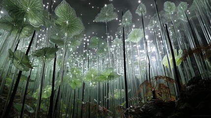 Obraz premium A mystical forest scene featuring tall, glowing green leaves and an ethereal ambiance.