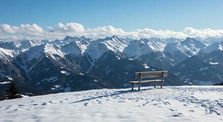 Snowy mountain landscape with wooden bench and clear sky