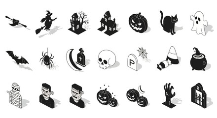 Obraz premium Halloween Icons Set of Isometric Halloween Icons A Spooky Black and White Collection with Shadows. Vector Illustrations. EPS Editable
