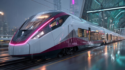Fototapeta premium A sleek, modern highspeed train with pink accents illuminated at a station platform at night, reflecting on the wet ground, symbolizing futuristic travel